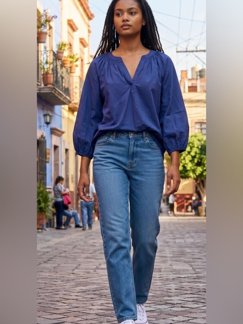 crown & ivy Navy Blue Peasant-Style Long-Sleeve Blouse